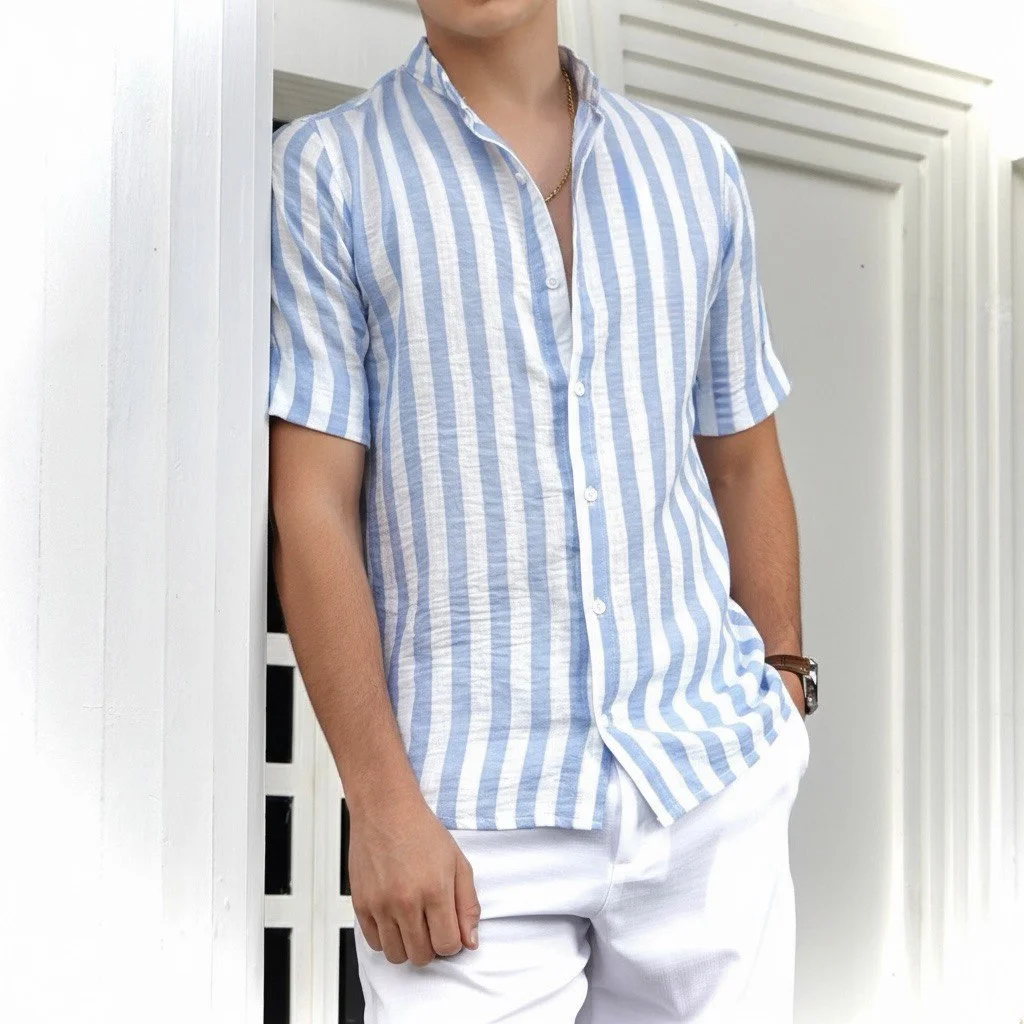 Camisa Manga Corta Lino Santorini New Edition Azul Rayas