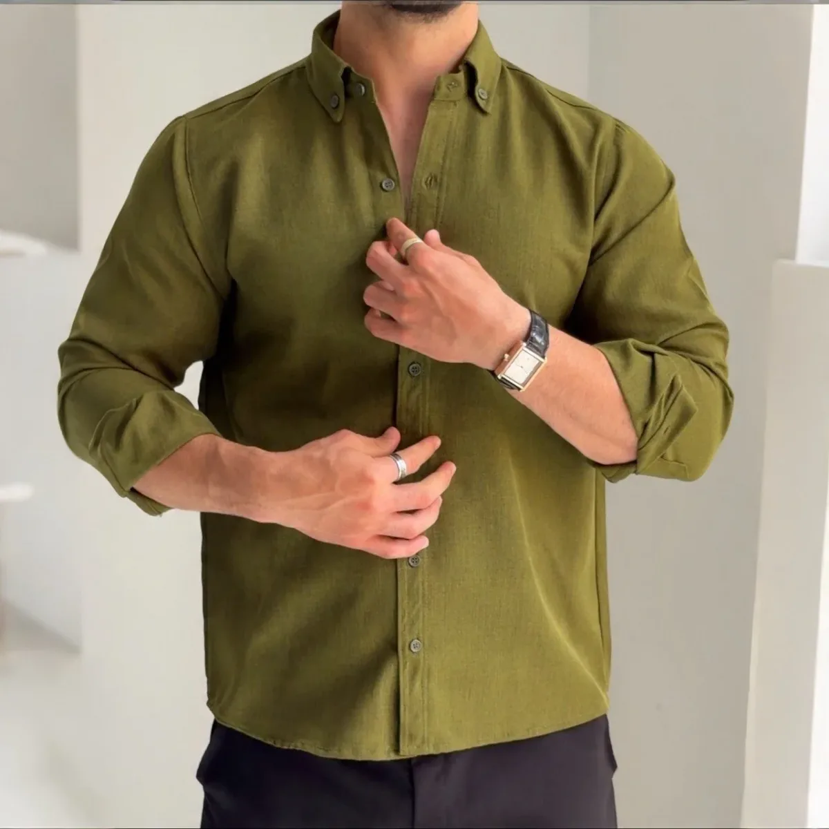 Camisa Manga Larga Lino Egipcian Verde Olivo