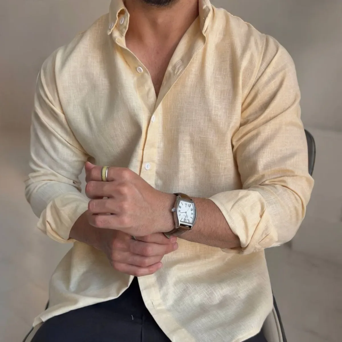 Camisa Lino Italian New Collection Manga Larga Amarillo Cham