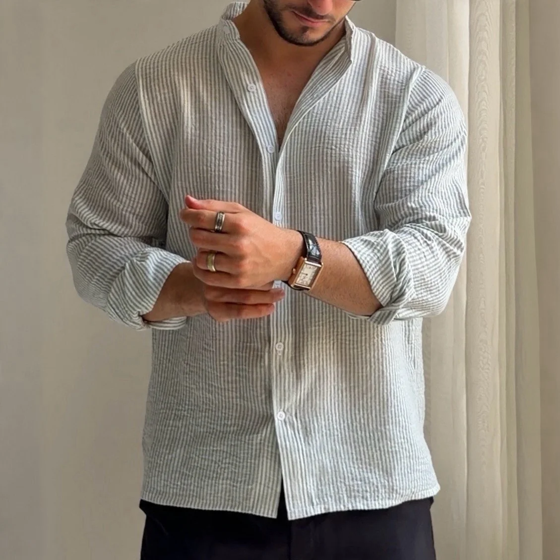 Camisa Manga Larga Lino New Edition Santorini Verde Rayas